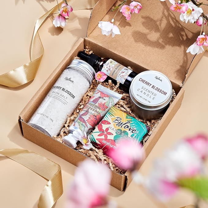 BFFLOVE Gift Set for Women - 5pcs Cherry Blossom Spa Gifts for Women, Birthday, Anniversary, Mother's Day Gifts for Her with Massage Oil, Scented Candle, Bath Salts, Hand Cream