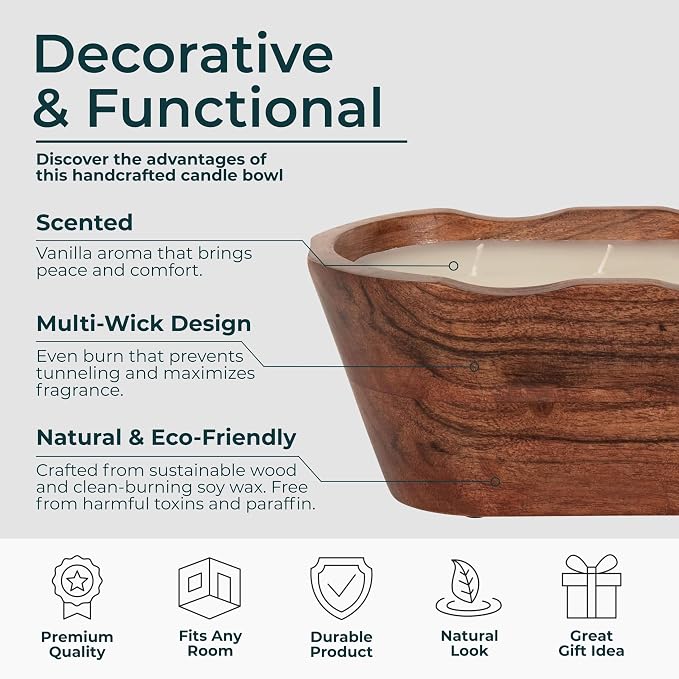 Oval Wood Bowl with Vanilla Scented Candle for Men or Women - Decorative Small Accent for Indoor and Outdoor Areas - Small Pillar or Votive Candle for Living Room, Bedroom, or Bathroom - 4", Brown