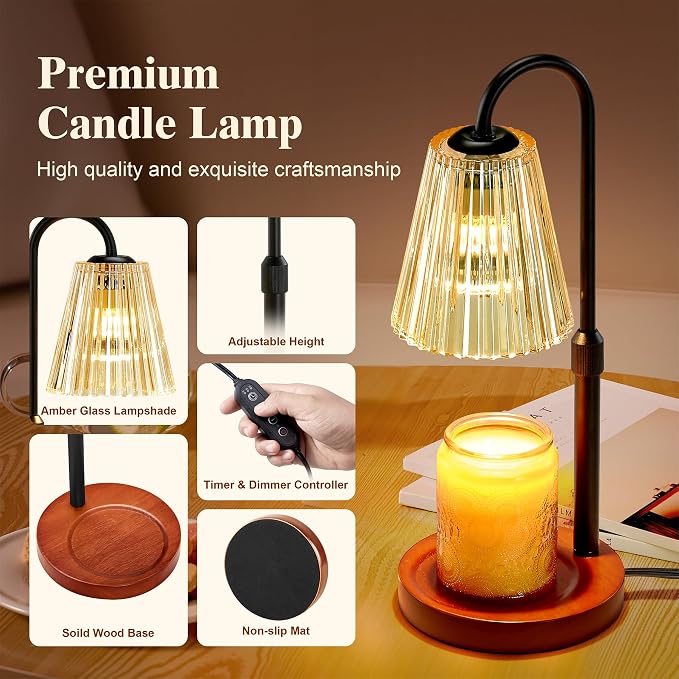 Briever Electric Candle Warmer Lamp with Timer Dimmer, Adjustable Height Wax Melter Warmer for Jar Candles, House Warming Gifts for New Home Decor, Birthday Gifts for Women, Walnut Wooden Base