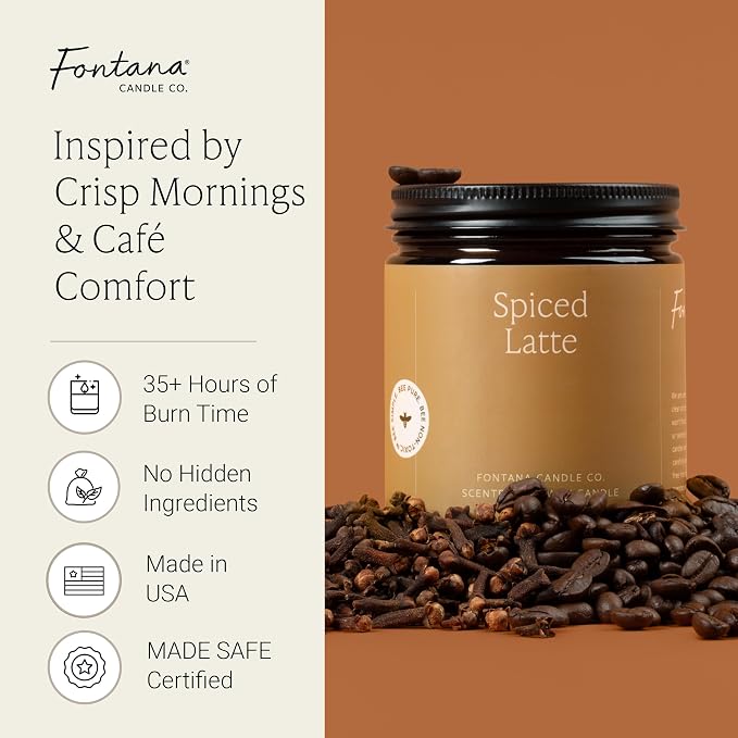 Fontana Candle Co Wood Wick Beeswax Jar Candle, Spiced Latte – Made Safe with Coconut Oil & Pure Essential Oils – 35+ Hrs Clean Burn, Long Lasting and Non-Toxic Candles for Home & Room Decor