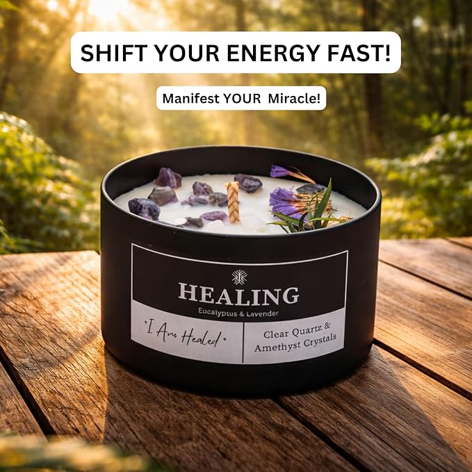 Healing Crystals Candle for Meditation & Room Decor, 8oz, Aromatherapy Candle with Clear Quartz and Amethyst, Eucalyptus & Lavender Essential Oil Scented Candles, Non Toxic Candles for Stress Relief