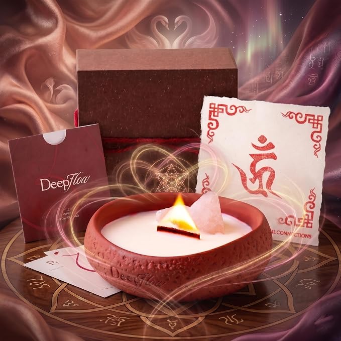DEEP FLOW Rose Quartz Love Energy Candle - Soft Peach Floral Scent, Luxury Scented Candle with Healing Crystals for Self-Care & Romance (Nurturing Serenity)