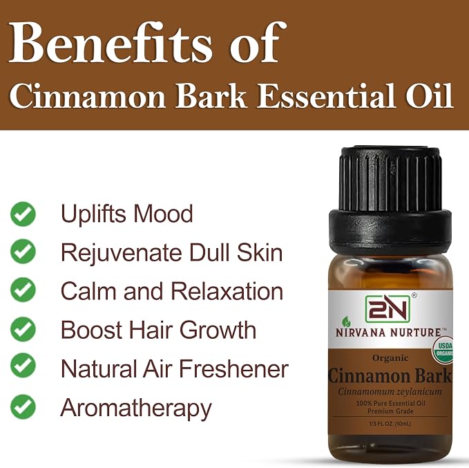 Cinnamon Bark Essential Oil, USDA Certified Organic, 100% Pure Undiluted, Aromatherapy Oil for Diffuser, Hair & Skin Care