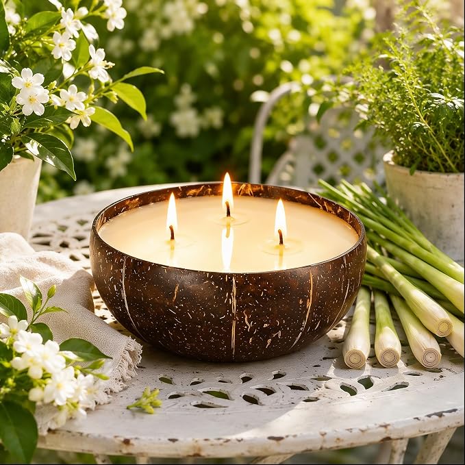 Viyffo 18oz Large Citronella Candles Outdoor, 3 Wick Citronella Candle, Natural Coconut Shell Jar, Non Toxic Soy Candle for Patio, Backyard, Deck & Camping, Rustic Decor Gift (with Fireproof Mat)