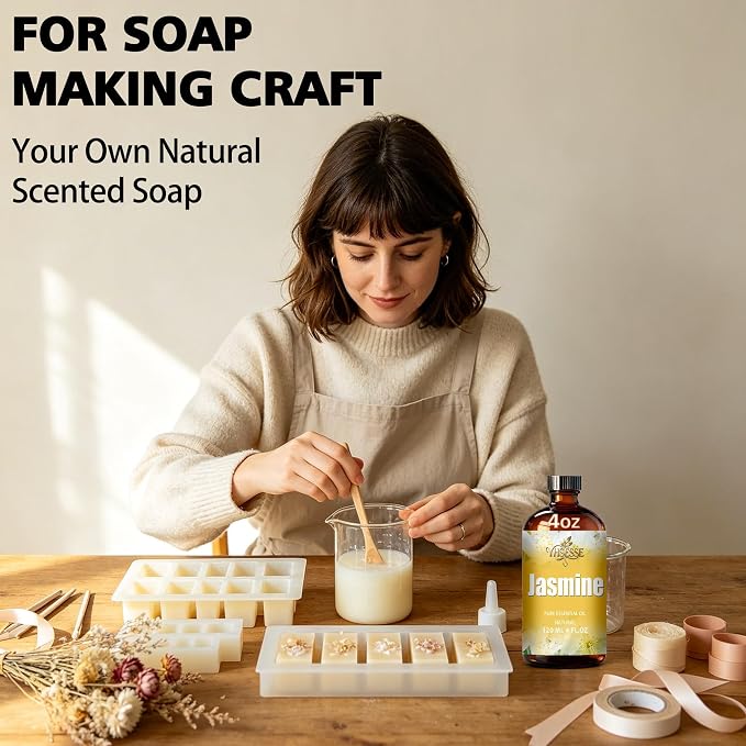 Jasmine Essential Oil, Jasmine Oil 4 Fl Oz 120ml for Diffuser Yoga Soap & Candle Making – with 0.33 Oz Roller Ball & Dropper YHSESSE Essential Oils