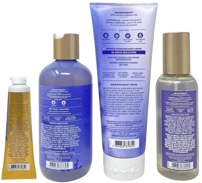 Bath & Body Works Aromatherapy Sleep Lavender + Vanilla Gift - Ultimate Hydration Body Cream, Essential Oil Mist, Body Wash & Foam Bath and Hand Cream - with a Natural Oats Sample Soap
