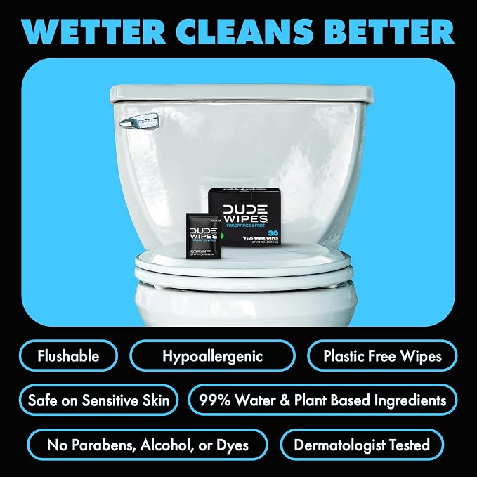DUDE Wipes On-The-Go Unscented Travel Wipes - 30 Count (Individually Wrapped) - Extra-Large Adult Flushable Wipes for Sensitive Skin - Infused with Vitamin E and Aloe - Septic and Sewer Safe