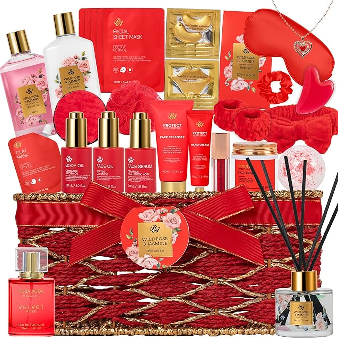 35 Pcs Mothers Day Gifts Baskets for Mom, Red Rose Bath and Body Basket Gift for Women, Face Skin Care Kit, Home Spa Self Care Basket, Diffuser, Necklace, Birthday, Christmas, Anniversary, Wife