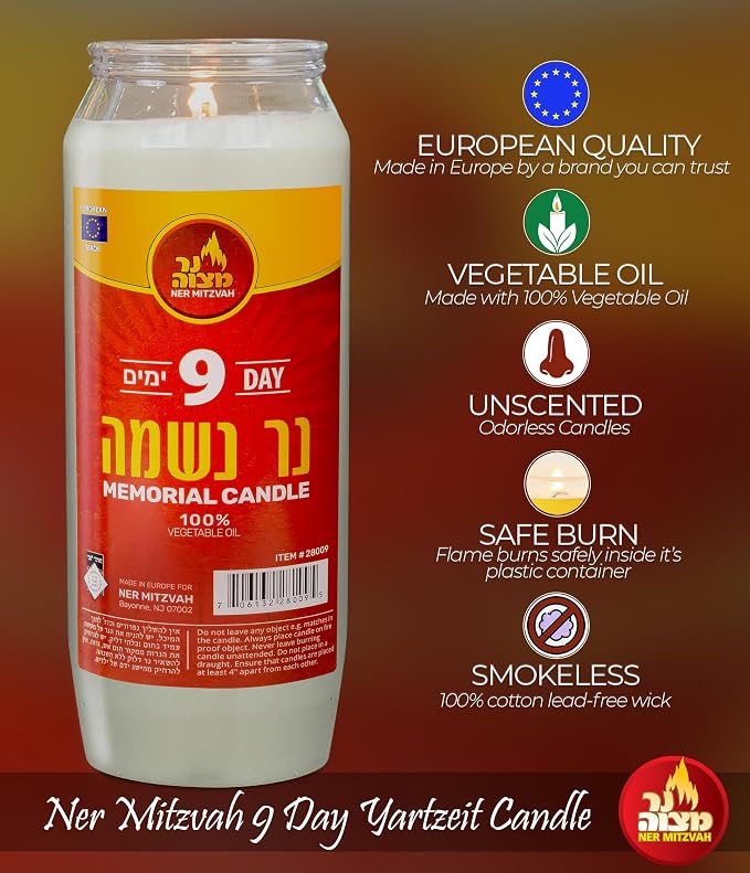 Ner Mitzvah 9 Day Yahrtzeit Candle - Kosher Memorial and Yom Kippur Candle in Plastic Holder