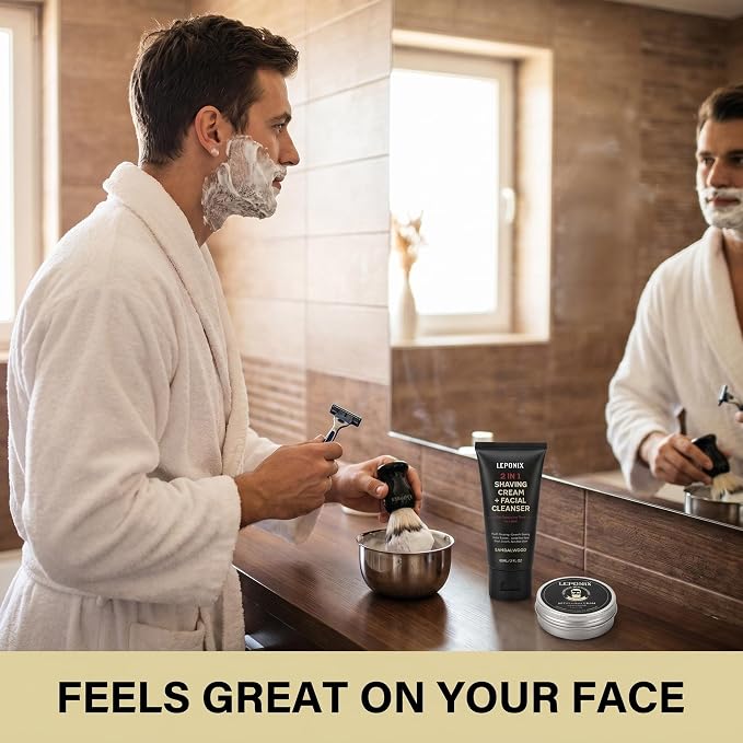 Shaving Kit, TSA Approved Travel Size Grooming Set - 60ml 2-in-1 Facial Cleanser & Shaving Cream, Shaving Brush and Bowl & 30g Solid Aftershave Balm, Gift Set for Men Boyfriend Stocking Stuffers