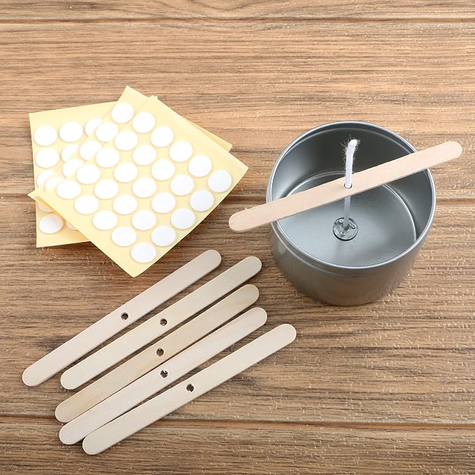 MILIVIXAY 3.5" Candle Wick Bundle: 100PCS Candle Wicks, 100PCS Candle Wick Stickers and 6PCS Wooden Candle Wick Holders - Wicks Coated with Paraffin Wax, Cotton Wicks Kits for Candle Making.