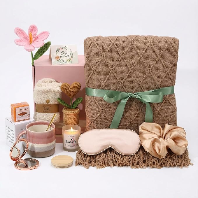 Christmas & Birthday Gifts for Women, Self Care Gift Basket Get Well Soon Care Package - Luxury Spa Set with Knitted Blanket, Fuzzy Socks, Mug, Candle, Scrunchie for Her, Mom, Best Friend