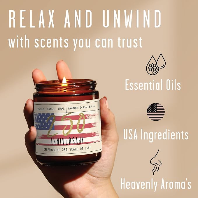 250 Anniversary USA Merchandise Women Patriotic Candles -w/Teakwood, Tobacco, Orange - 4th of July Candles Gifts for Women I Red White and Blue Candle I America 250 Merchandise I50Hr Burn Made in USA