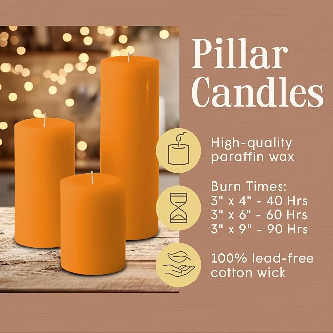 Mister Candle Unscented Dripless Pillar Candles Set of 3, Hand Poured 3 Inch Candles, Premium Wax, Decorative Pillar Candles, (3" x 4", 3" x 6", and 3" x 9", Orange)