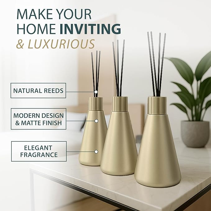 Mega Handles Reed Diffuser Sets (50ml) - 3 Pack White Flower Scent Bathroom Diffuser, Elegant Reed Diffuser for Shelf Decor, Decorative Air Freshener for Large Rooms - Satin Brass