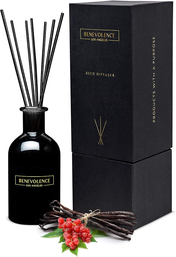 Benevolence LA Reed Diffuser Set, Energizing Redcurrant & Vanilla Fragrance Diffuser, Aromatherapy Reed Diffuser Sticks, Scented Oil Diffuser Sticks, for Home Made with Natural Essential Oil
