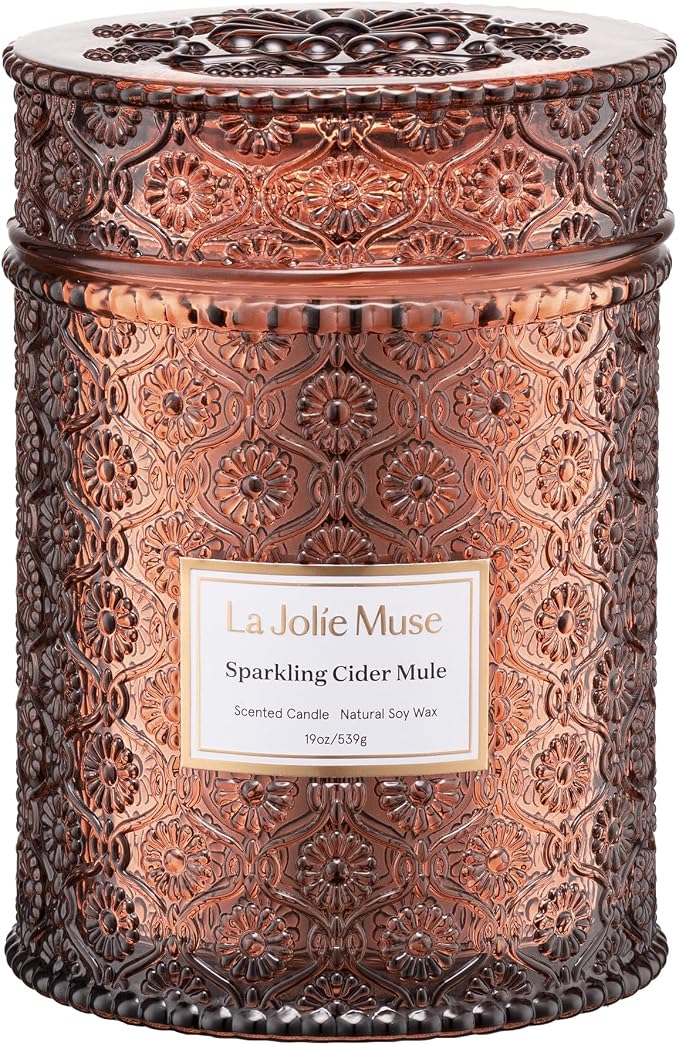 LA JOLIE MUSE Sparkling Cider Mule Scented Candle for Home | Fall Winter Holiday | 19 oz Non Toxic Natural Soy | Large Jar Candle | Luxury Gifts for Women & Men | Apple & Cinnamon | Wood Wick