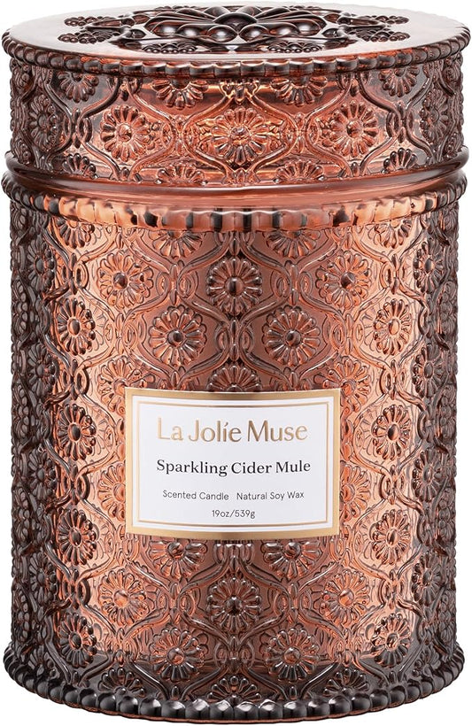 LA JOLIE MUSE Sparkling Cider Mule Scented Candle for Home | Fall Winter Holiday | 19 oz Non Toxic Natural Soy | Large Jar Candle | Luxury Gifts for Women & Men | Apple & Cinnamon | Wood Wick