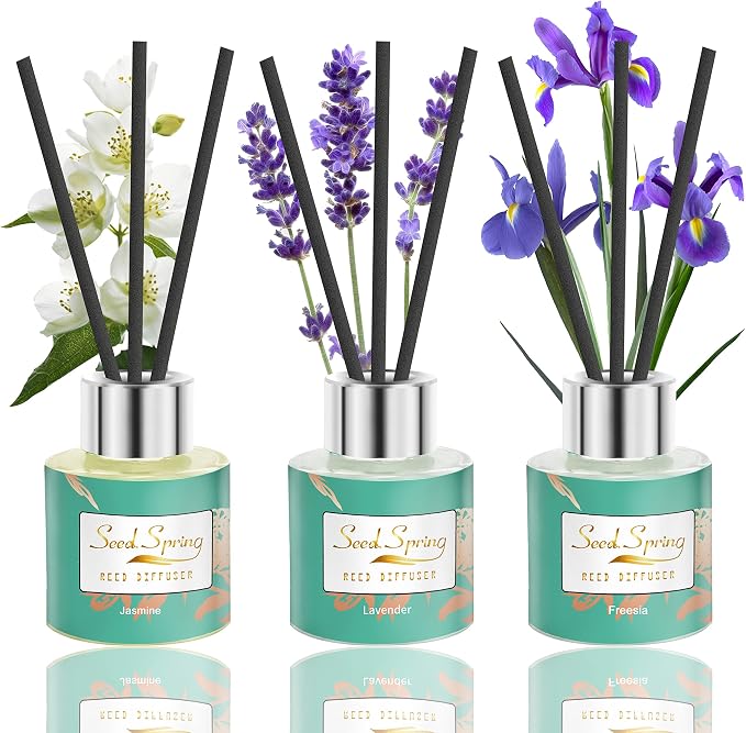 Reed Diffuser Set of 3, Seed Spring Lavender Jasmine Freesia Oil Scent Diffuser Sticks Office Home Fragrance Products 1.7oz x 3