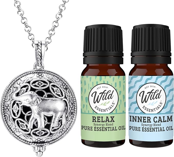 Wild Essentials Elephant Essential Oil Diffuser Necklace Gift Set with Inner Calm & Relax Oils – Nickel Free Alloy Pendant with 12 Color Pads – USA Made Oils & Perfume Necklace – Family Company