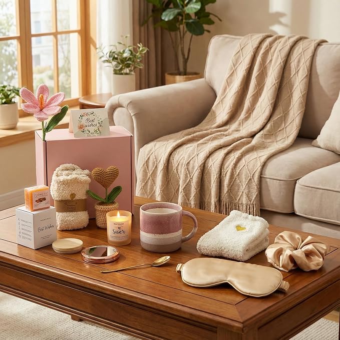 Christmas & Birthday Gifts for Women, Self Care Gift Basket Get Well Soon Care Package - Luxury Spa Set with Knitted Blanket, Fuzzy Socks, Mug, Candle, Scrunchie for Her, Mom, Best Friend
