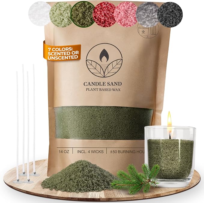 comforder Scented Candle Sand with Wicks, Pearled Candle, Wax Granules, 14oz Sand Wax Granules + 4 Wicks (Moss Green, Pine)