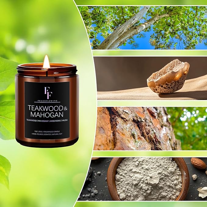 Teakwood & Mahogany Candle, Scented Candle for Home Soy Wax Candle, Aromatherapy Candle Gifts, 7oz