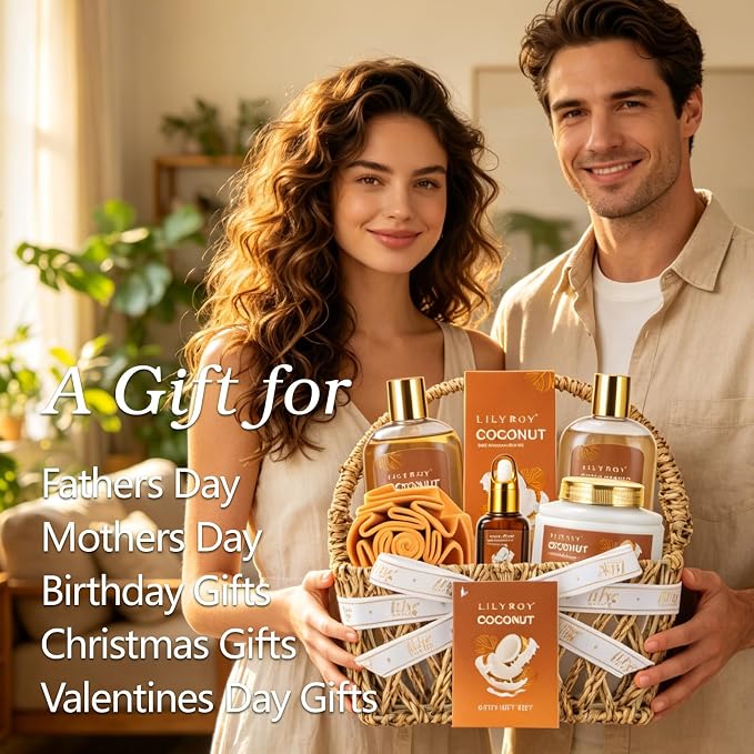 Coconut Spa Gifts Bath Kit, 7Pcs Moisturizing Spa Gift Basket for Women & Men