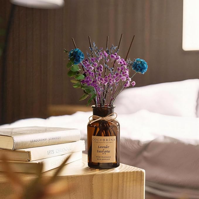 Cocorrína Reed Diffuser Set, 6.7oz Flower Reed Diffuser with Real Preserved Flowers - Lavender & Eucalyptus Scented Oil & Sticks - Long Lasting Home Fragrance for Bedroom Bathroom Shelf Decor