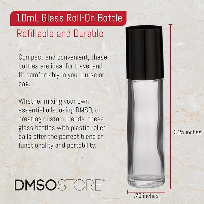 DMSOSTORE 12 Glass Roll-on Bottle 10ML - Convenient Refillable Design, Durable Plastic Cap, Smooth Roller for Essential Oils, Perfumes, and Aromatherapy