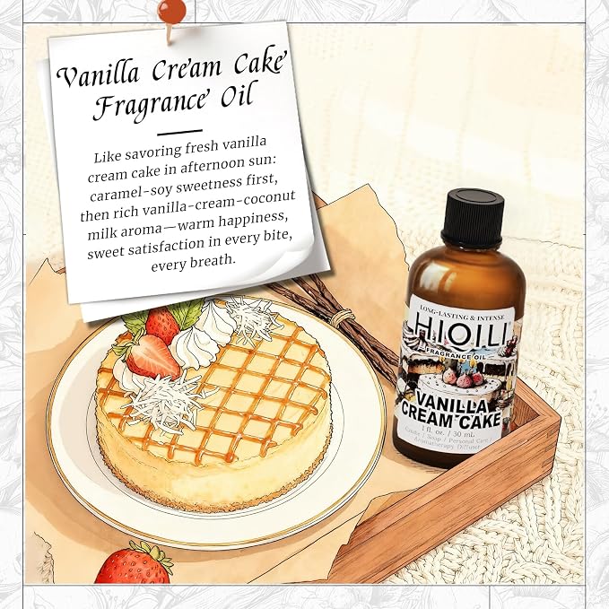 HIQILI Vanilla Cream Cake Fragrance Oil for Diffusers, Candle & Soap Making, Add to Aromatic Air Freshener Spray, Premium Grade - 1Fl Oz