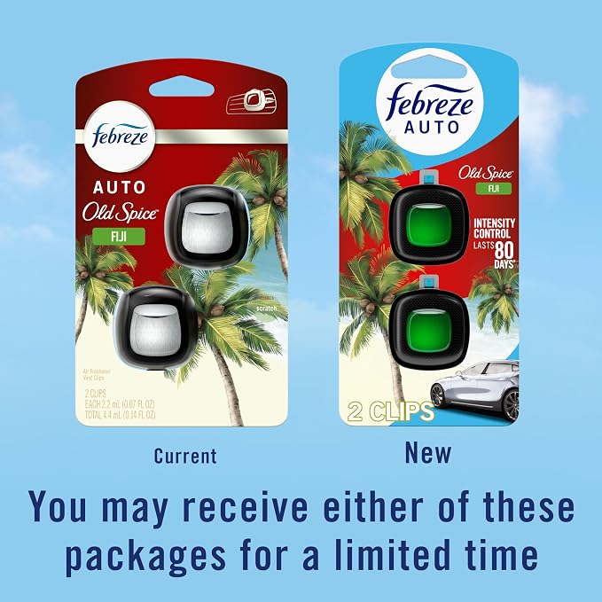 Febreze Odour-Fighting Auto Air Freshener, Car Vent Clip, Old Spice Fiji, 4ct