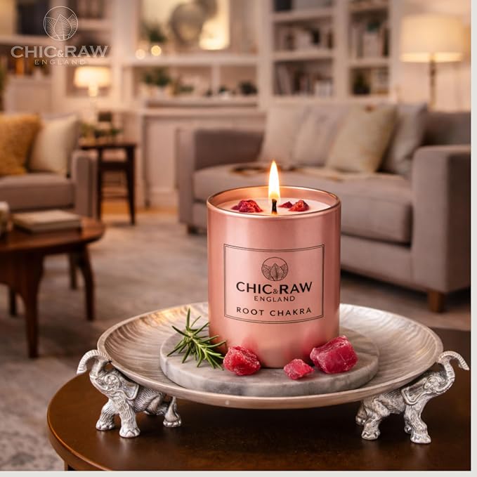 Aromatherapy Candle with Crystal Ruby Root Chakra, Scented Candle in Rose Gold, Luxury Long-Lasting Burn Natural Soy Candle for Home Scented, Unique Healing Gifts for Women,7.05oz