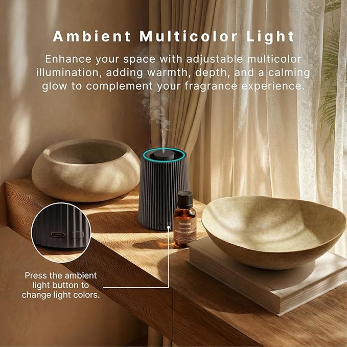 Homedics Waterless Essential Oil Diffuser with 15ml Vanilla Cedarwood Fragrance Oil. SereneScent Cordless Cold Air Scent Diffuser Starter Kit with Ambient Light, Studio 671 (Black)