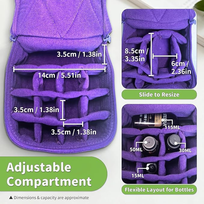Weljoy Essential Oil Case 13 Bottle Organizer for 30ml 50ml 100ml 115ml 8oz, Travel Bag with Adjustable Dividers Foam Padded for Aromatherapy Roller Dropper Bottles (Purple, 5.9x5.9x5 in) | 30ml 50ml 100ml 115ml 8oz bottles, adjustable foam padded divi...