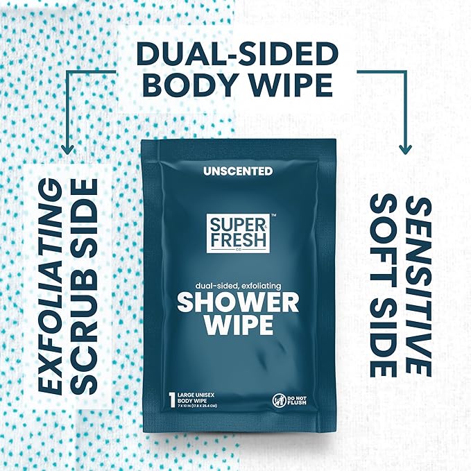 Super Fresh Shower Body Wipes, Travel Essentials for Camping, Large Unscented for Adults, Women, Men, Kids Personal Hygiene Cloth Enriched with Aloe and Vitamin E, Individually Wrapped 20 Pack