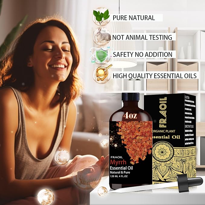 Myrrh Essential Oil, Myrrh Oil 4 Fl Oz 120ML for Diffuser Humidifier Yoga Cleaning DIY Candle Soap Making Perfume Gift for Women Essential Oils FRAOIL (Myrrh 4 Fl Oz (Pack of 1))