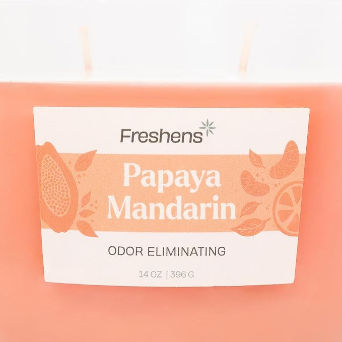 Carolina Freshens Papaya Mandarin Odor Eliminating Highly Fragranced Candle for Home Scented, Eliminates 90% of Pet, Smoke, Food and Other Smells Quickly, 2 Wick, 14 oz - Made in the USA