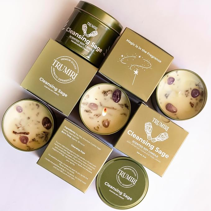 Sage Candle for Cleansing House Negative Energy Smudge Kit - 5oz Soy Wax Natural Clean Organic Non Toxic - Aromatherapy Spiritual Meditation Gifts - Long Lasting Highly Scented Candel with Crystals