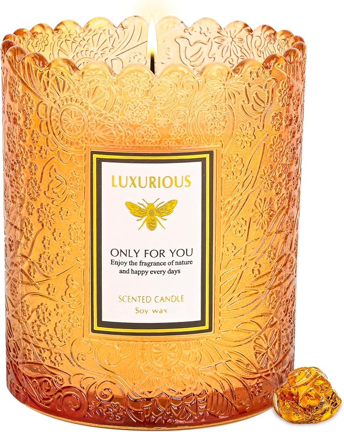 Amber Scented Candle, Candles for Home Scented, Candles Gifts for Women & Men, Luxury Glass Jar Candle, Natural Soy Candle, 40 Hours Long Burning, 7 oz
