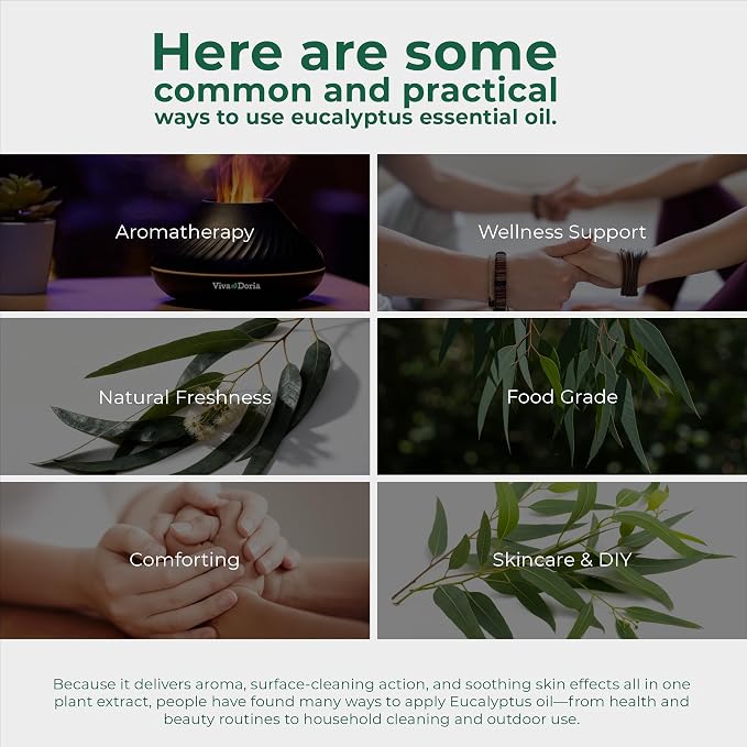 Viva Doria Eucalyptus Essential Oil, 100% Pure, Natural, Essential Globulus Oil, Undiluted, for Aromatherapy | Food Grade, 30 mL (1 Fluid Ounce)