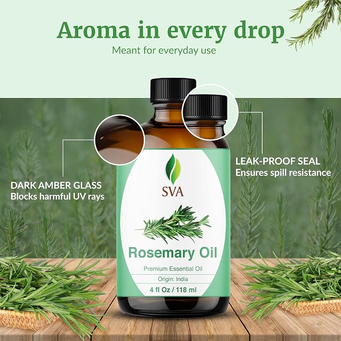 SVA Rosemary Essential Oil – 4 Fl Oz - for Diffuser, Skin & Hair Care – Ideal for Aroma, Massage & DIY Blends– with Dropper