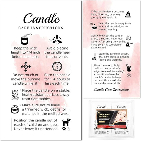 100 pack - Premium Handmade Candle Care Instruction Cards Pink White 2x3.5 in, Small Business | Soy Bees Wax Melt, Candle Makers, Making Supplies Kit Set, Containers, Jars, Package
