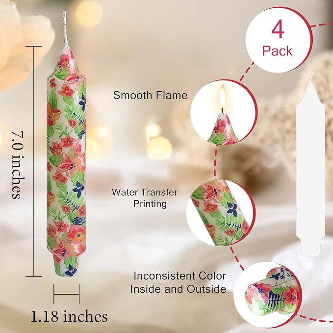 7 inch Short Candle Floral Candle Sticks Printed Candlestick Handmade Unscented Taper Candle 4 Pack Flower Tapered Candles for Home Dinner Wedding Holiday