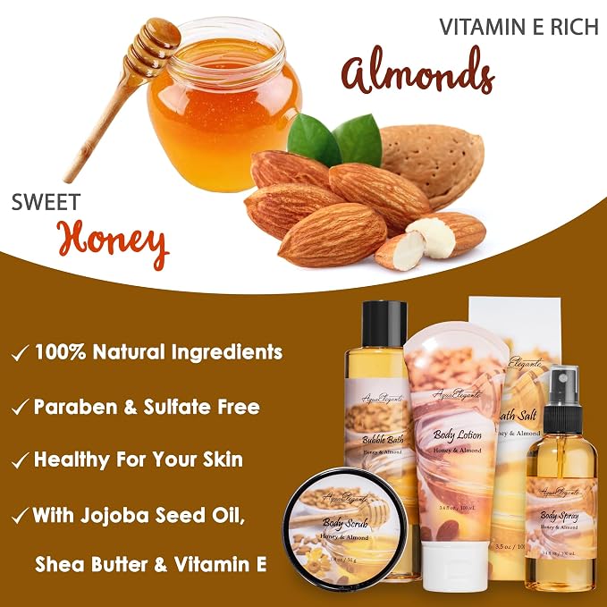 Aqua Elegante Spa Gift Basket - Luxury Bath Set with Body Wash, Bubble Bath, Lotion, Salts, Scrub, Spray, Shower Puff, Towel, Gifts for Women, Mom, Wife, Her - Honey & Almond