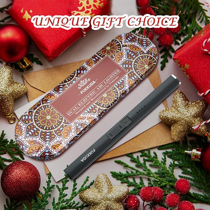 FUKKUDA Electric Candle Lighter with Gift Box - USB Rechargeable Windproof & Flameless Plasma Arc Lighter for Candles, Bohemia Box Obsidian Black