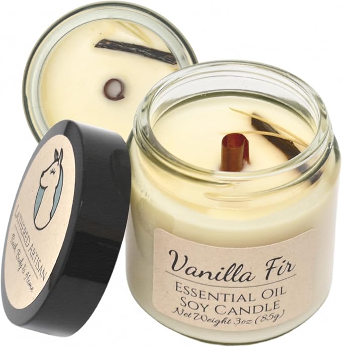 Vanilla Fir Scented Essential Oil Candle 3 oz, Hand Crafted Pure Soy Wax Candle with Wooden Wick, Dried Flowers, 23 Hour Burn Time, Natural Aromatherapy Glass Jar Candle with Lid by Lathered Artisan