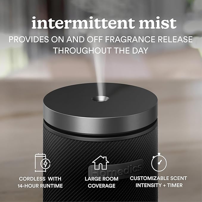 Homedics SereneScent Waterless Essential Oil Diffuser, Cordless Rechargeable Aromatherapy Diffuser for Home, Large Room Scent Machine, Timer, App Control, 6 LED Lights, No Water Needed, Black