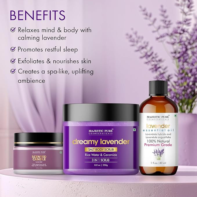 Majestic Pure Lavender Essential Oil & Body Scrub Set | 100% Pure & Natural Gift Set | Relaxing & Stress relief | pack of 3