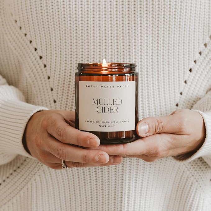 Sweet Water Decor Mulled Cider Candle - Fall Candles with Orange, Cinnamon, Apple, and Amber Scent for Home - Fall Soy Candle with 40 Hours Burn Time - 9Oz Black Lid Amber Jar Mulled Cider Scents
